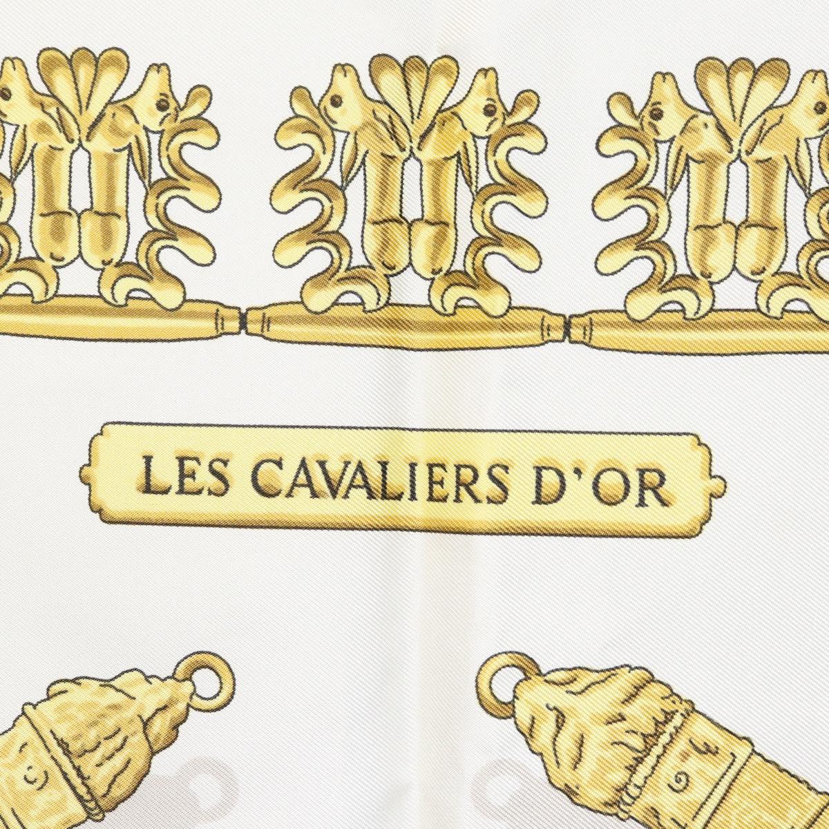 HERMES Carre 90 Scarf ""LES CAVALIERS D'OR"" Silk White Auth fm4509