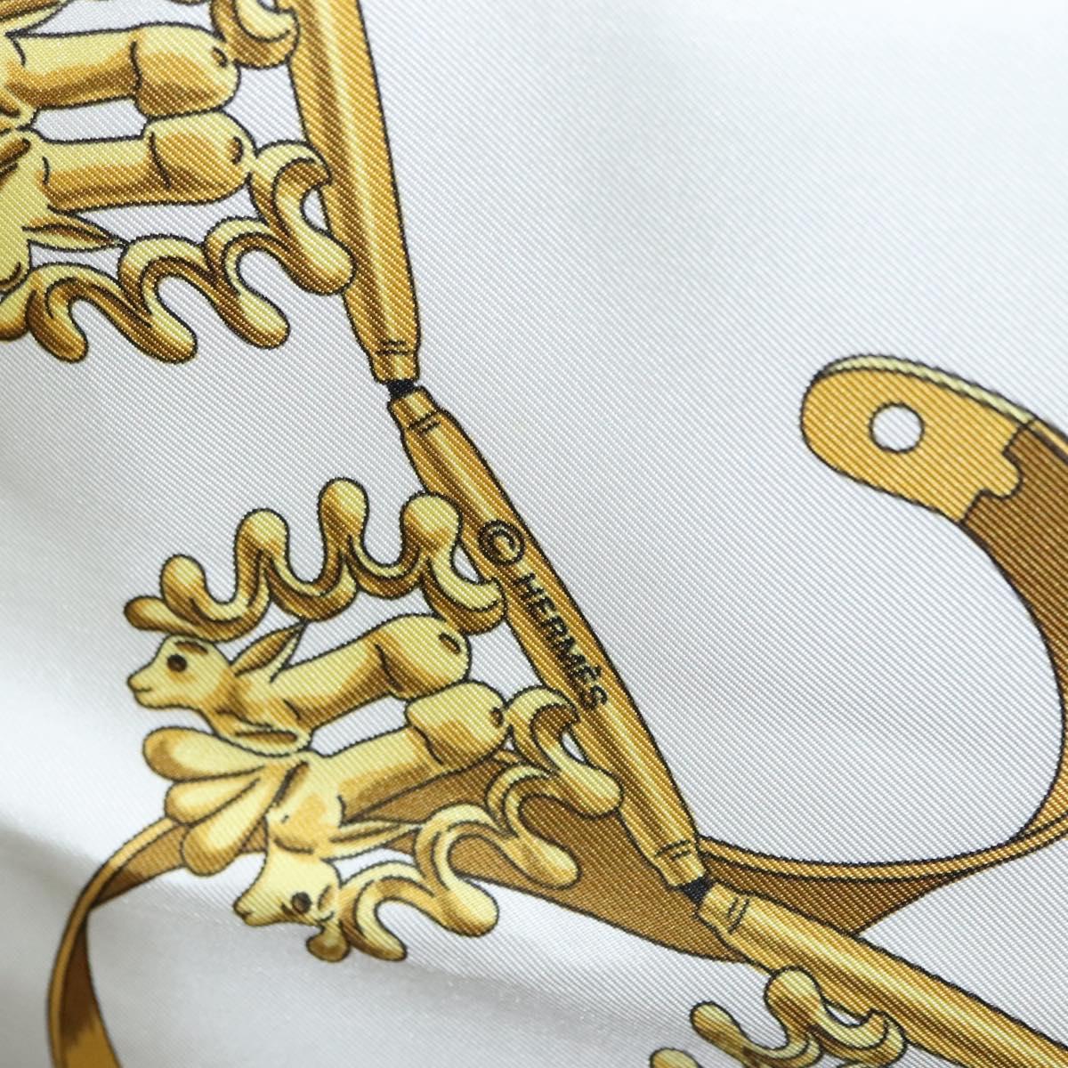 HERMES Carre 90 Scarf ""LES CAVALIERS D'OR"" Silk White Auth fm4509
