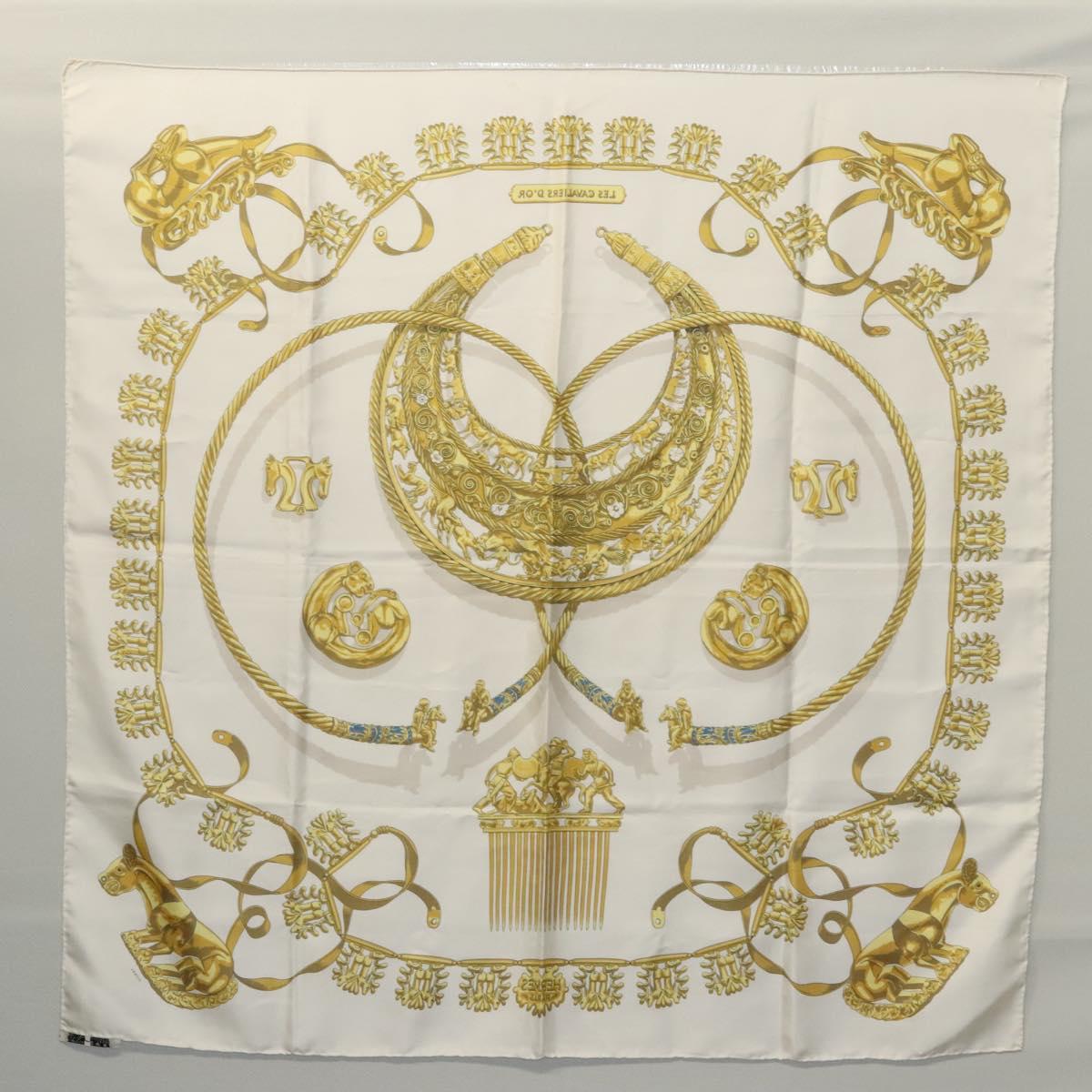 HERMES Carre 90 Scarf ""LES CAVALIERS D'OR"" Silk White Auth fm4509