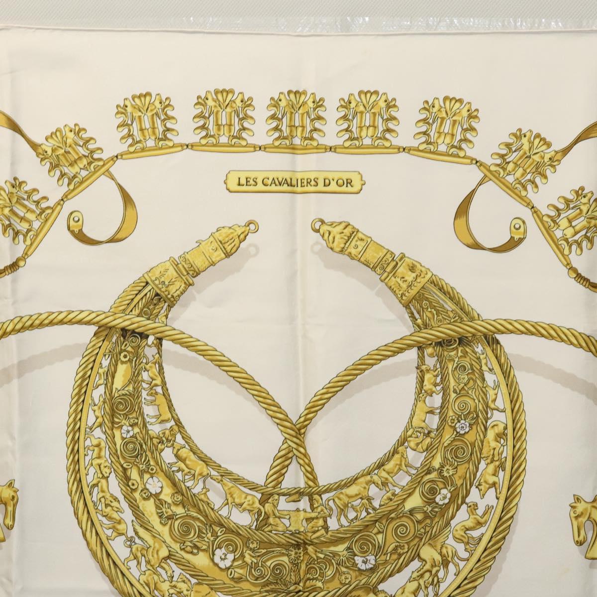 HERMES Carre 90 Scarf ""LES CAVALIERS D'OR"" Silk White Auth fm4509