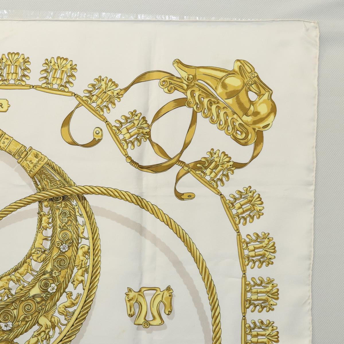 HERMES Carre 90 Scarf ""LES CAVALIERS D'OR"" Silk White Auth fm4509