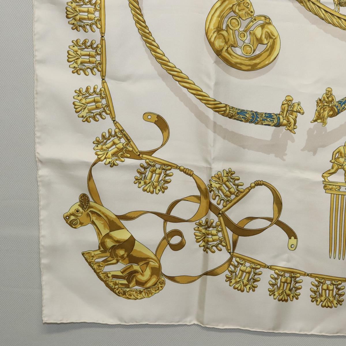 HERMES Carre 90 Scarf ""LES CAVALIERS D'OR"" Silk White Auth fm4509