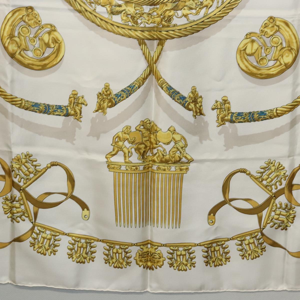 HERMES Carre 90 Scarf ""LES CAVALIERS D'OR"" Silk White Auth fm4509