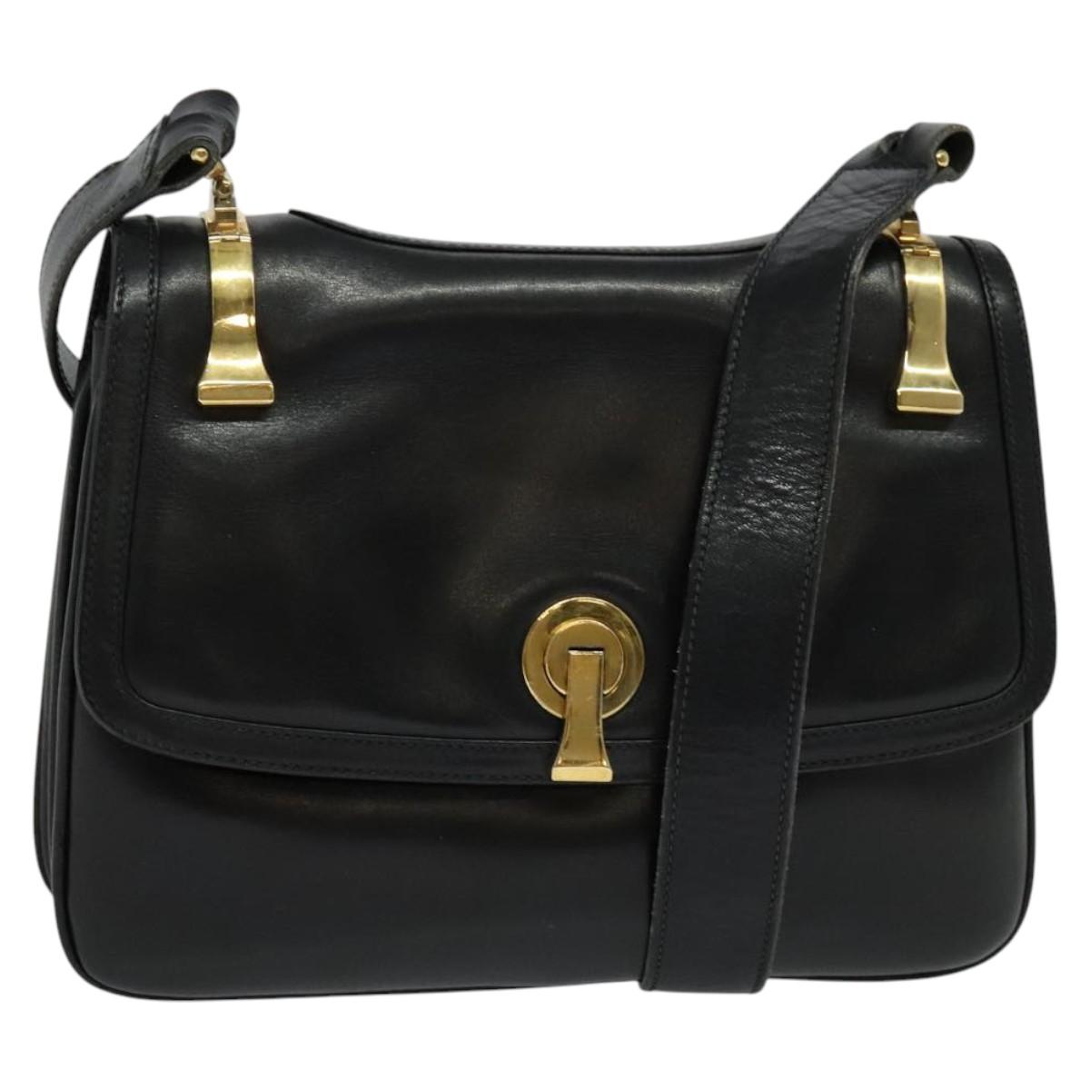 GUCCI Shoulder Bag Leather Black Gold Auth fm4548