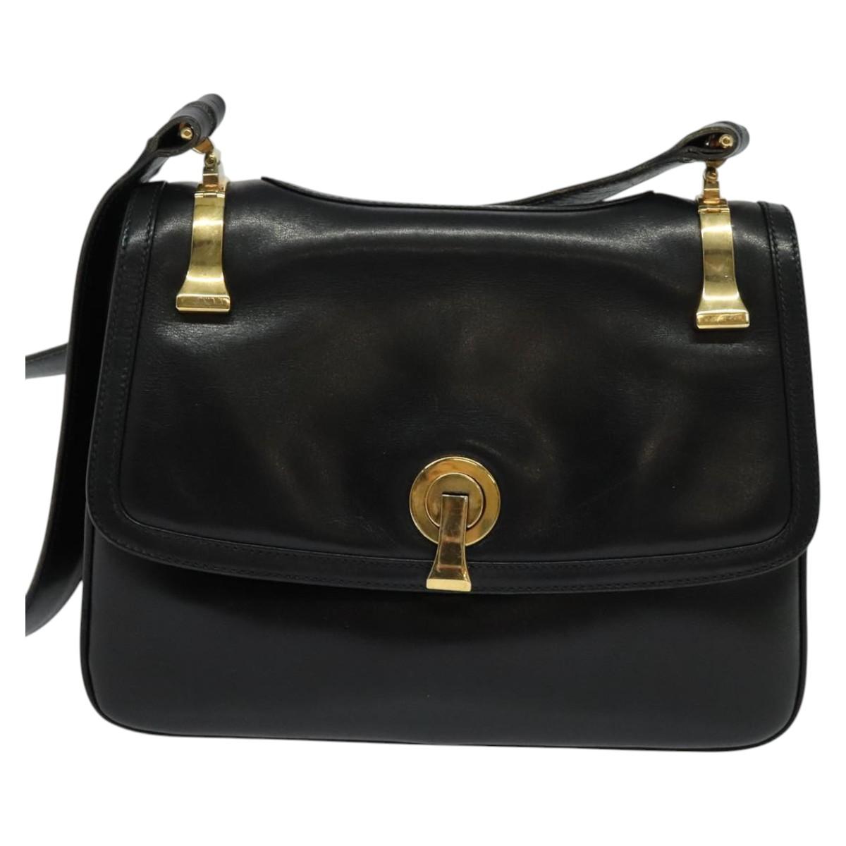 GUCCI Shoulder Bag Leather Black Gold Auth fm4548