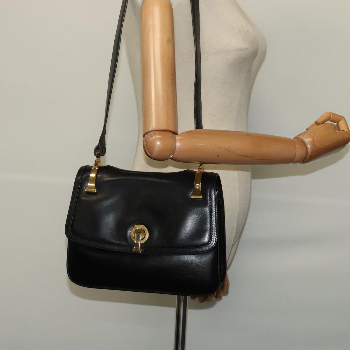 GUCCI Shoulder Bag Leather Black Gold Auth fm4548