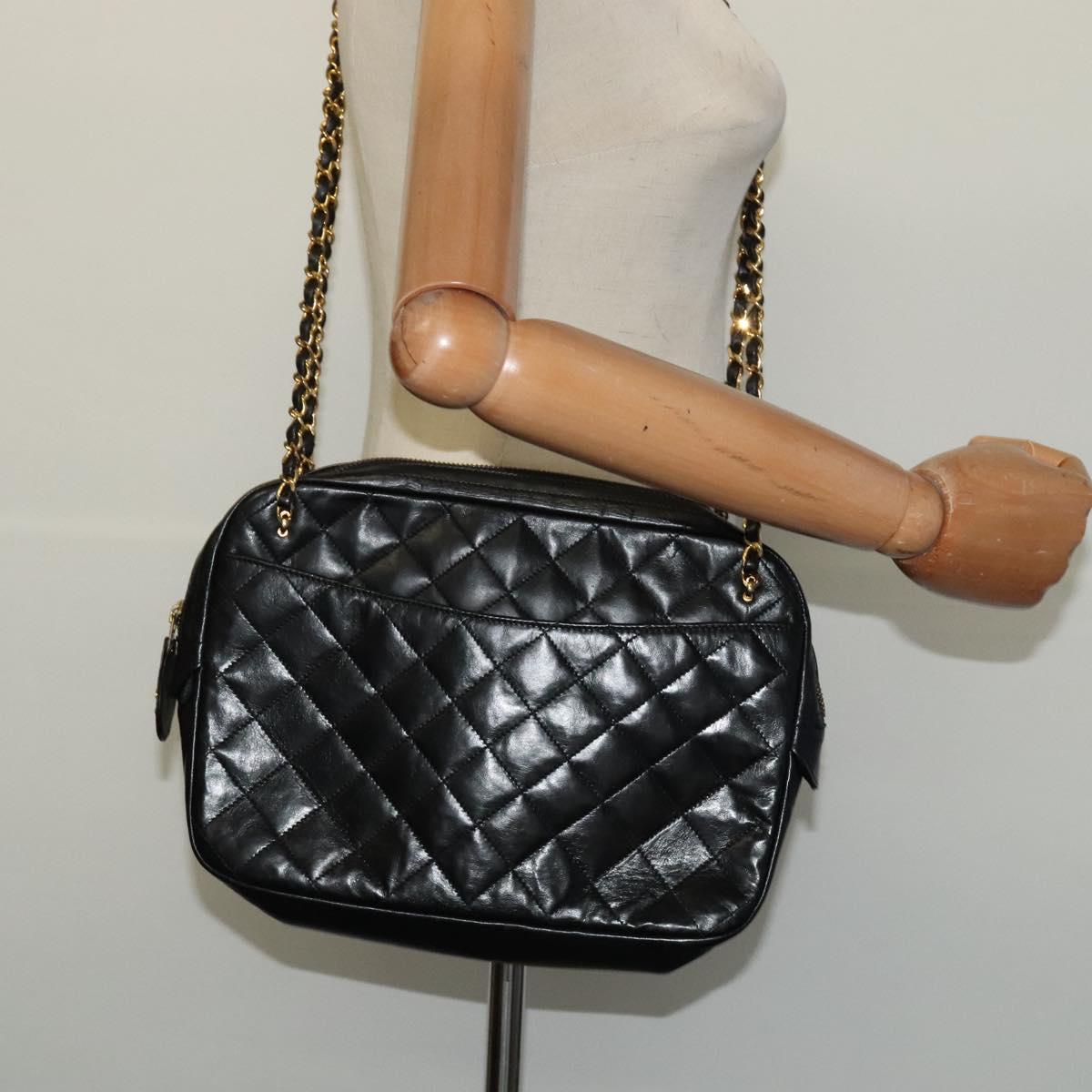 CHANEL Matelasse Chain Shoulder Bag Lamb Skin Black Gold CC Auth fm4668