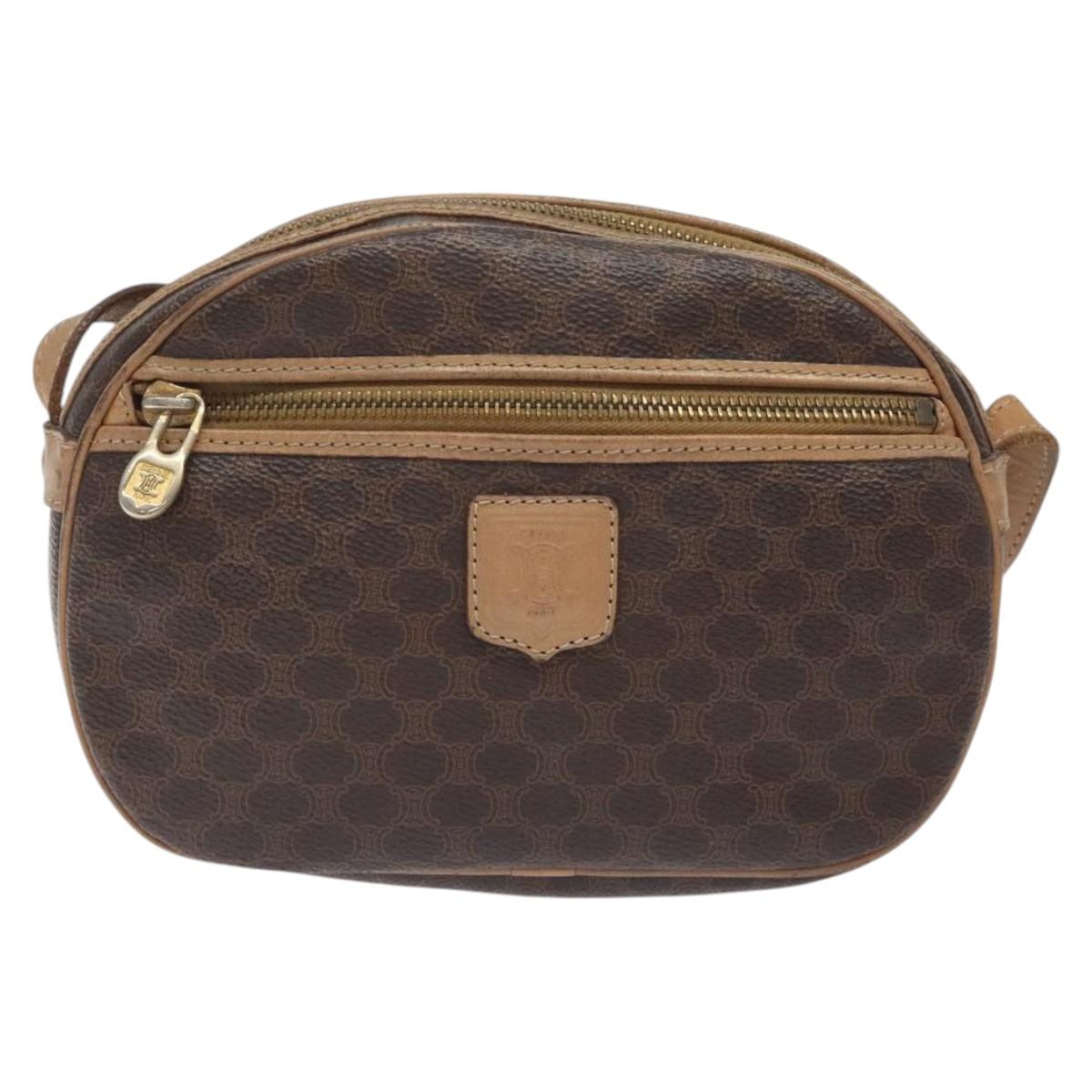 CELINE Macadam Canvas Shoulder Bag PVC Leather Brown Gold Auth fm4682