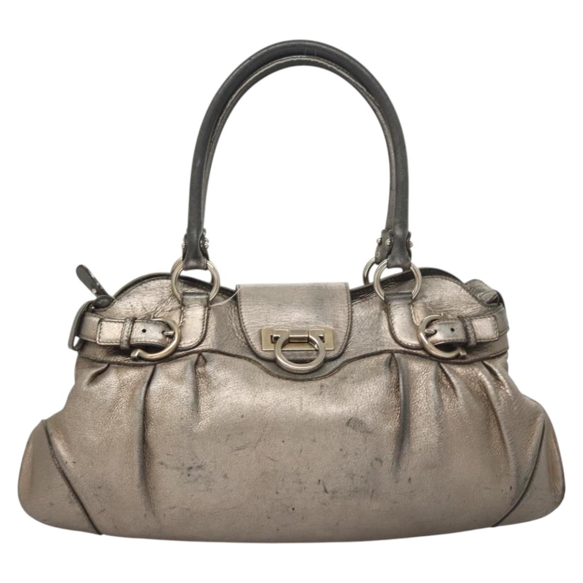 Salvatore Ferragamo Gancini Marissa Shoulder Bag Leather Silver Auth fm4685