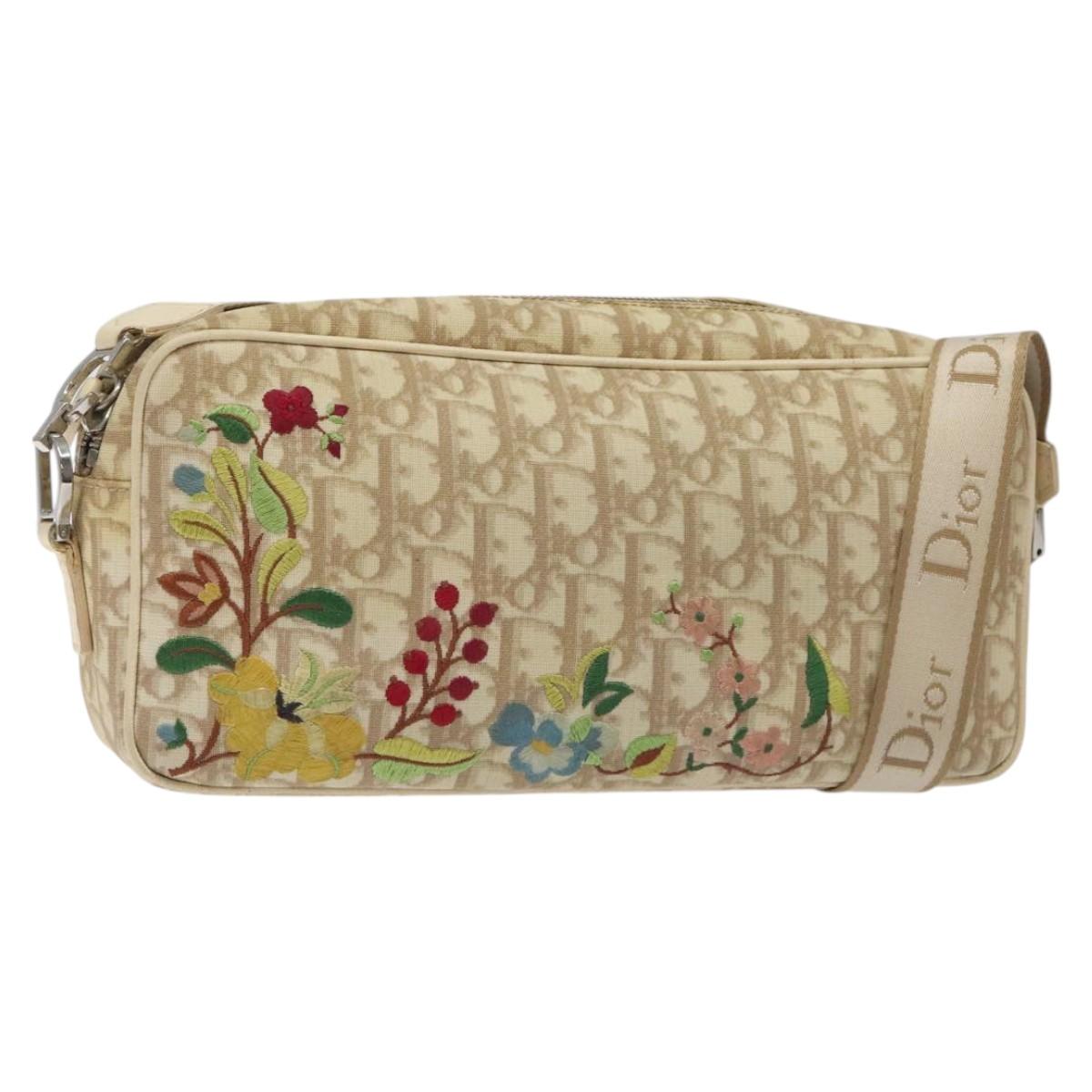 Christian Dior Trotter Canvas Flower Shoulder Bag Beige Silver Auth fm4695