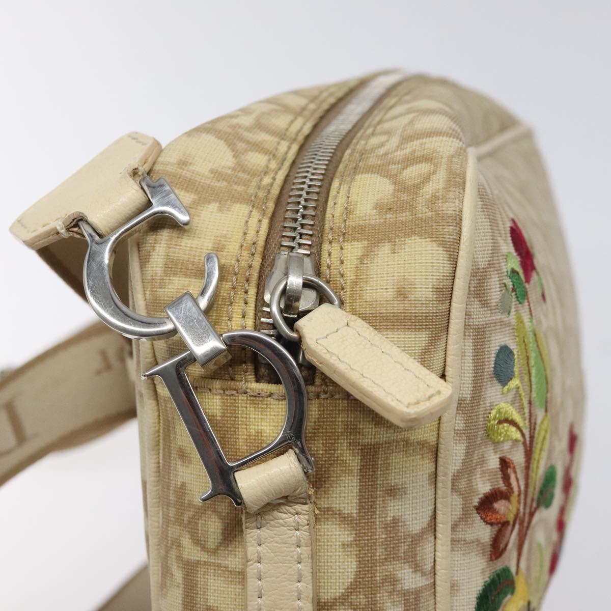 Christian Dior Trotter Canvas Flower Shoulder Bag Beige Silver Auth fm4695