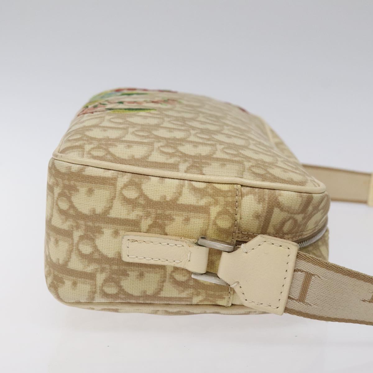 Christian Dior Trotter Canvas Flower Shoulder Bag Beige Silver Auth fm4695
