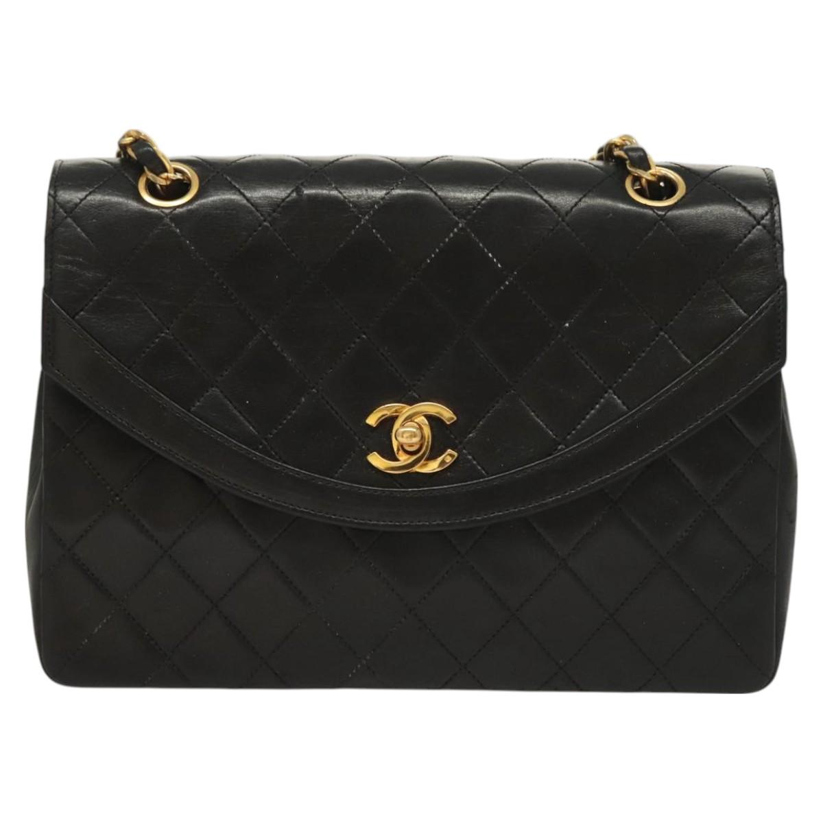 CHANEL Matelasse Chain Shoulder Bag Lamb Skin Black Gold CC Auth fm4732