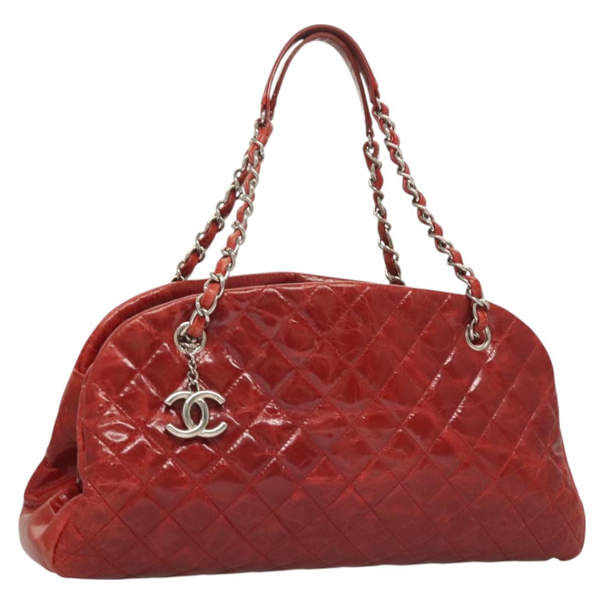 CHANEL Matelasse Bowling Chain Shoulder Bag Patent leather Red CC Auth fm4736