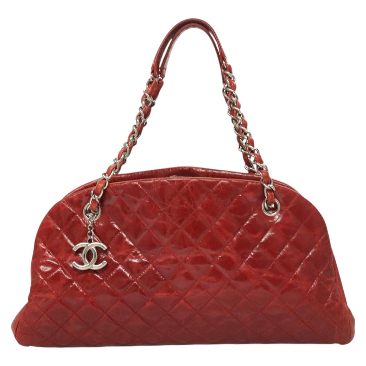 CHANEL Matelasse Bowling Chain Shoulder Bag Patent leather Red CC Auth fm4736