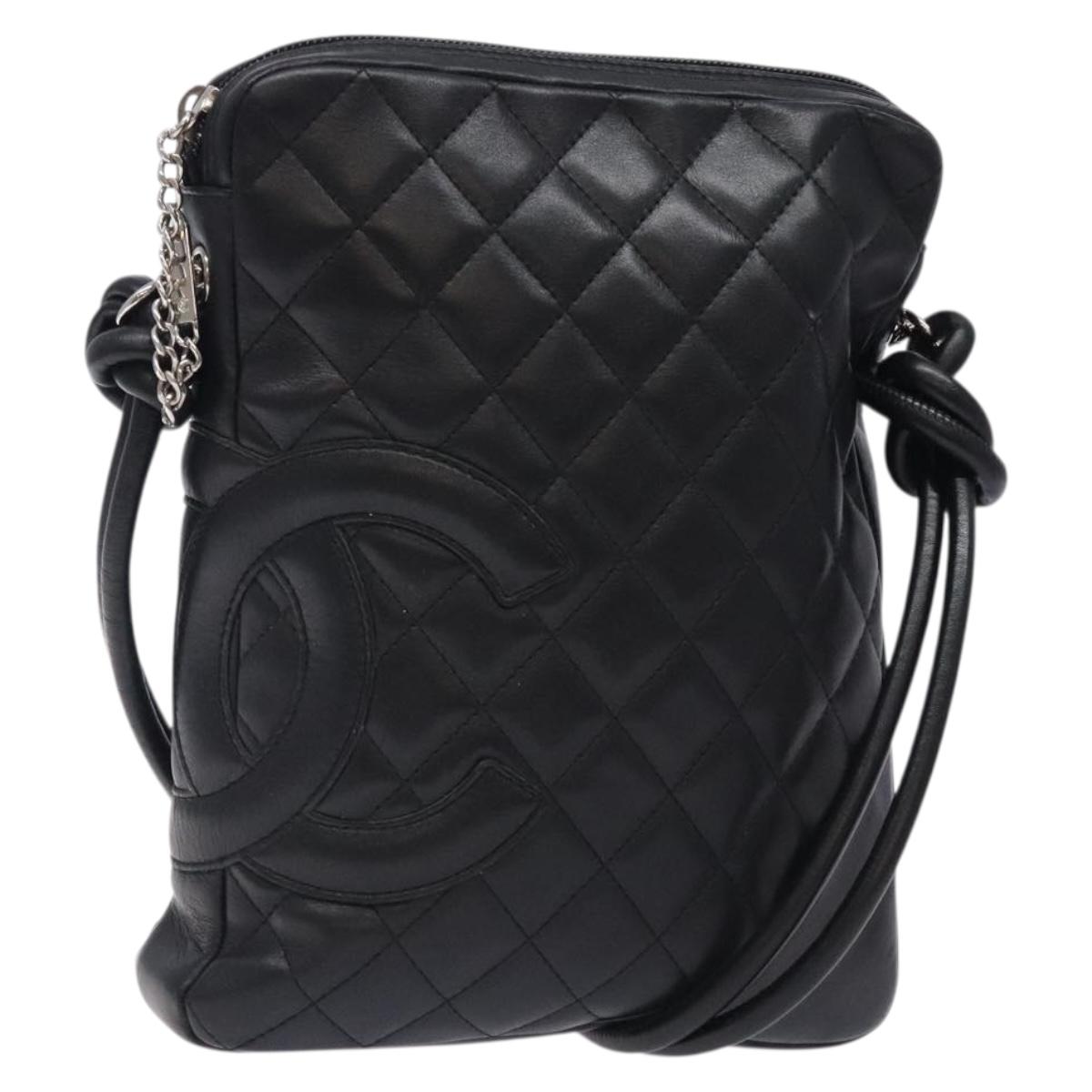 CHANEL Medium Pochette Shoulder Bag Cambon Line Leather Black Silver Auth fm4781