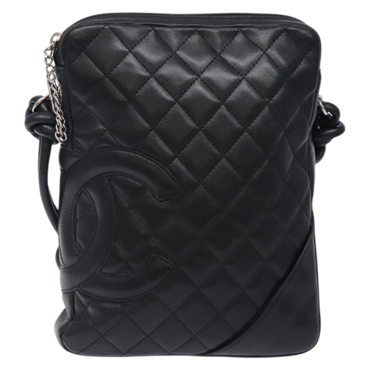 CHANEL Medium Pochette Shoulder Bag Cambon Line Leather Black Silver Auth fm4781