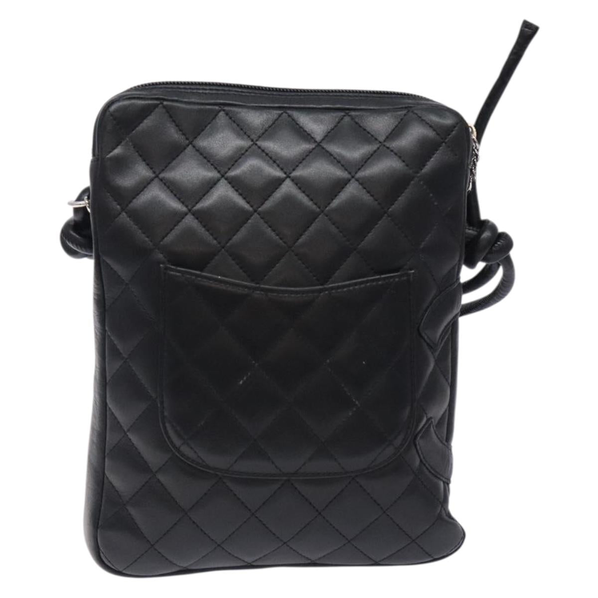 CHANEL Medium Pochette Shoulder Bag Cambon Line Leather Black Silver Auth fm4781