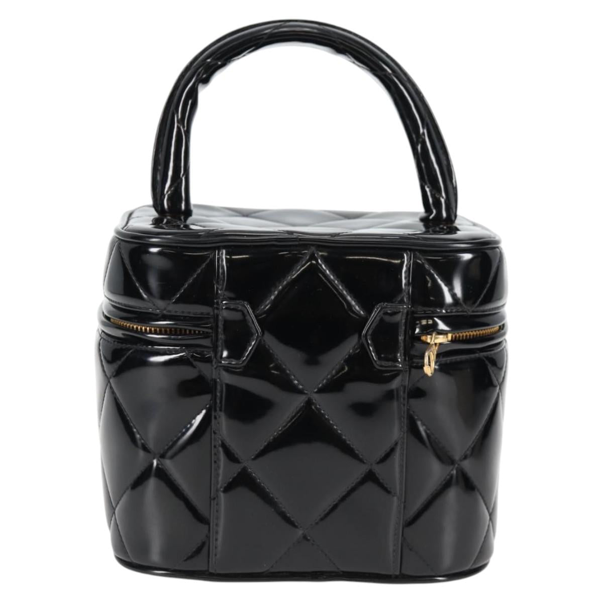 CHANEL Matelasse Vanity Hand Bag Patent leather Black Gold CC Auth fm4820V