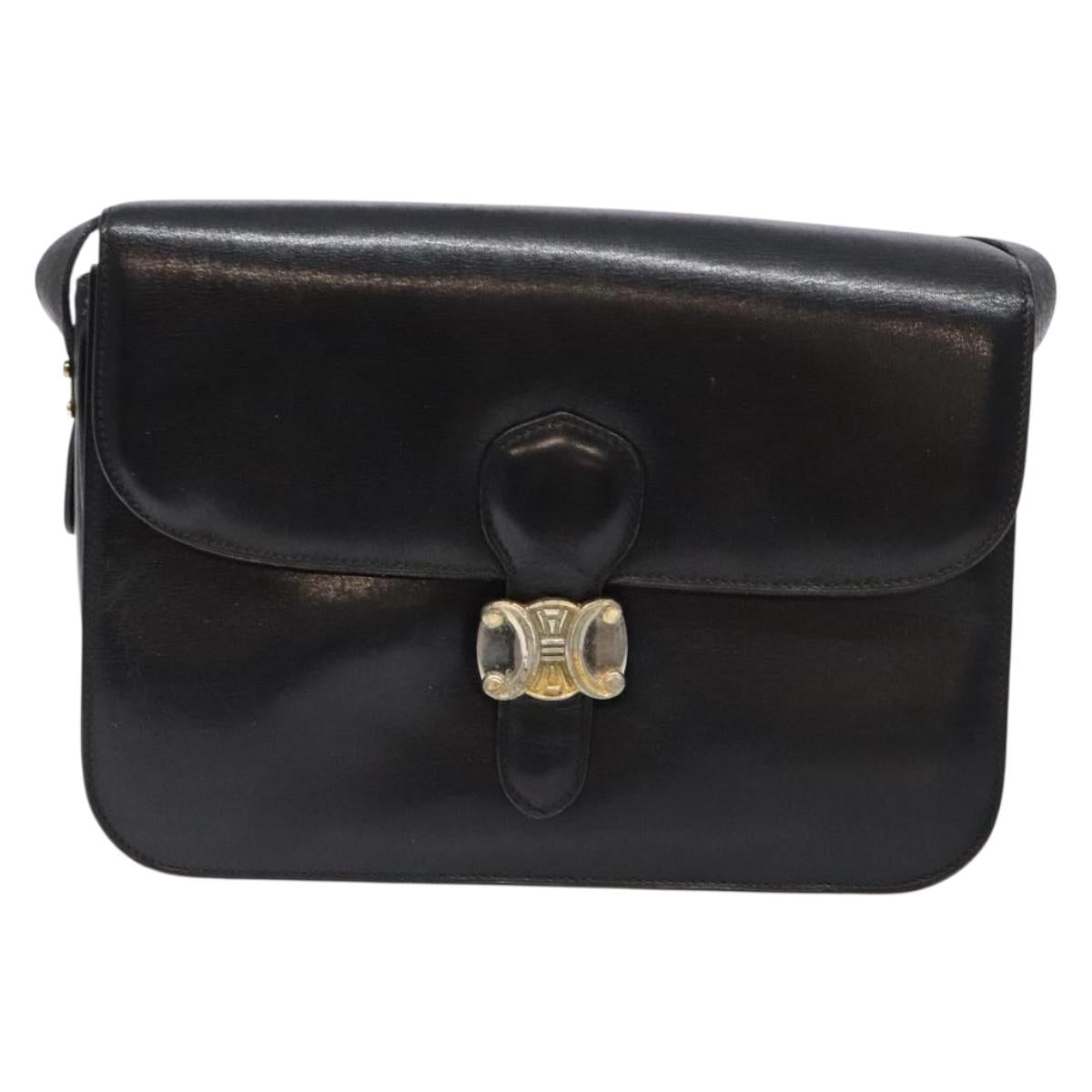 CELINE Shoulder Bag Leather Black Gold Auth fm4846