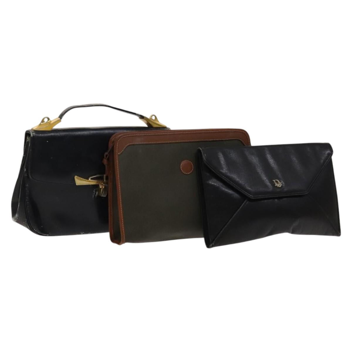 Christian Dior Bag Leather PVC 3Set Khaki Brown Auth fm4860
