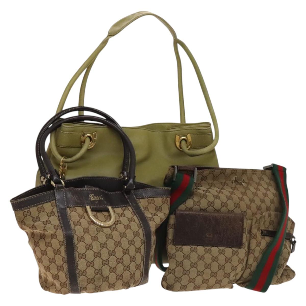 GUCCI GG Canvas Web Sherry Line Backpack Leather 3Set Beige Green Auth fm4862