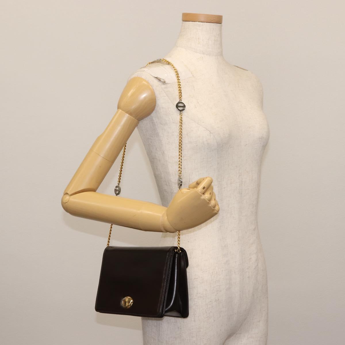 Christian Dior Chain Shoulder Bag Leather Brown Gold Auth fm4872