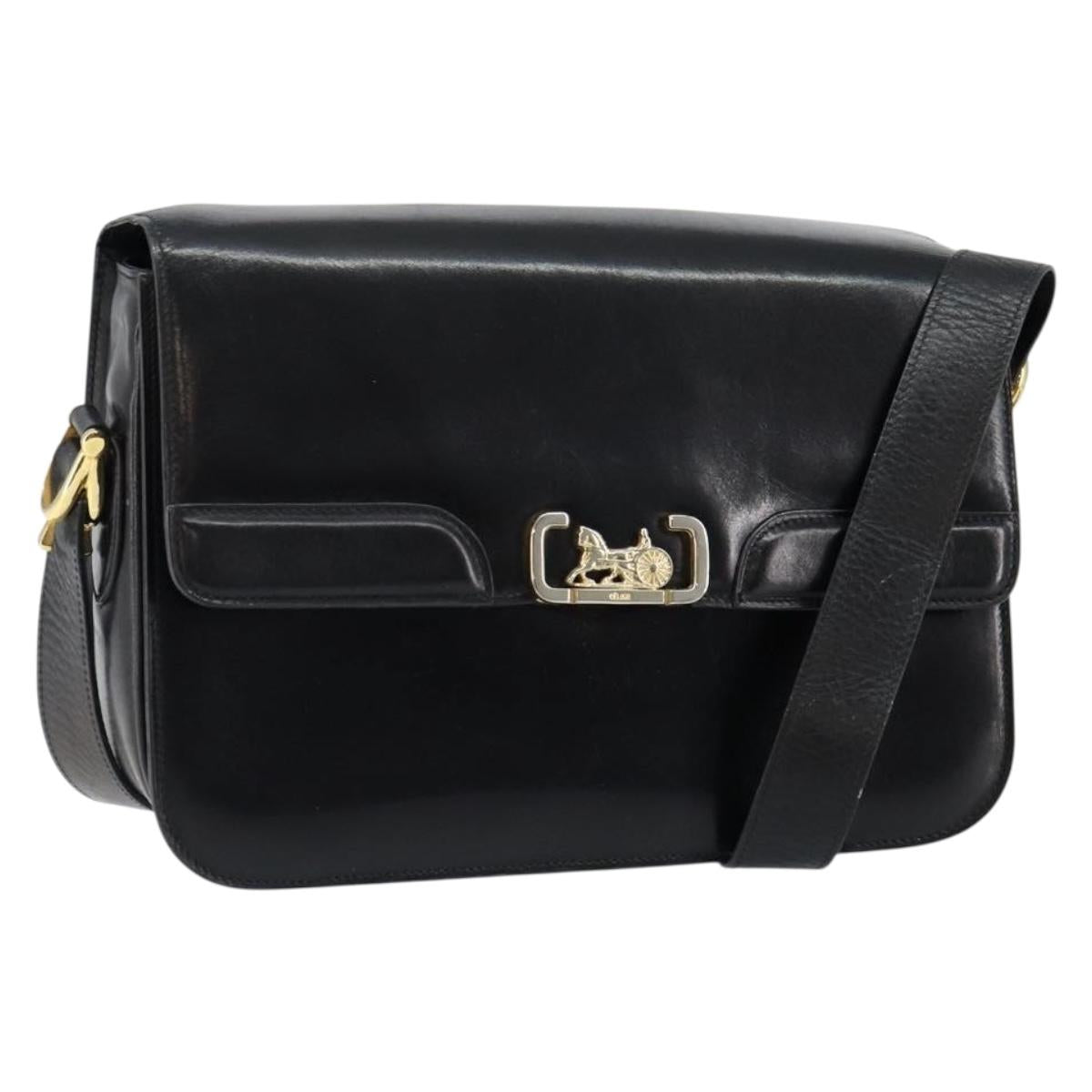 CELINE Horse Carriage Shoulder Bag Leather Black Gold Auth fm4892