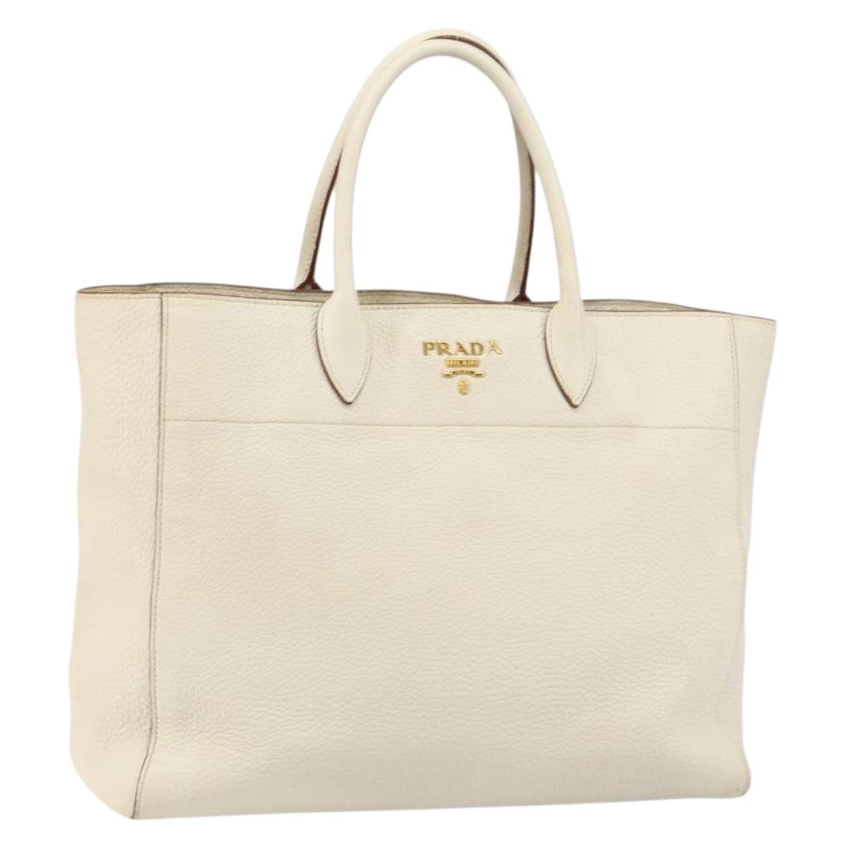 PRADA Tote Bag Leather White Gold Auth fm4895