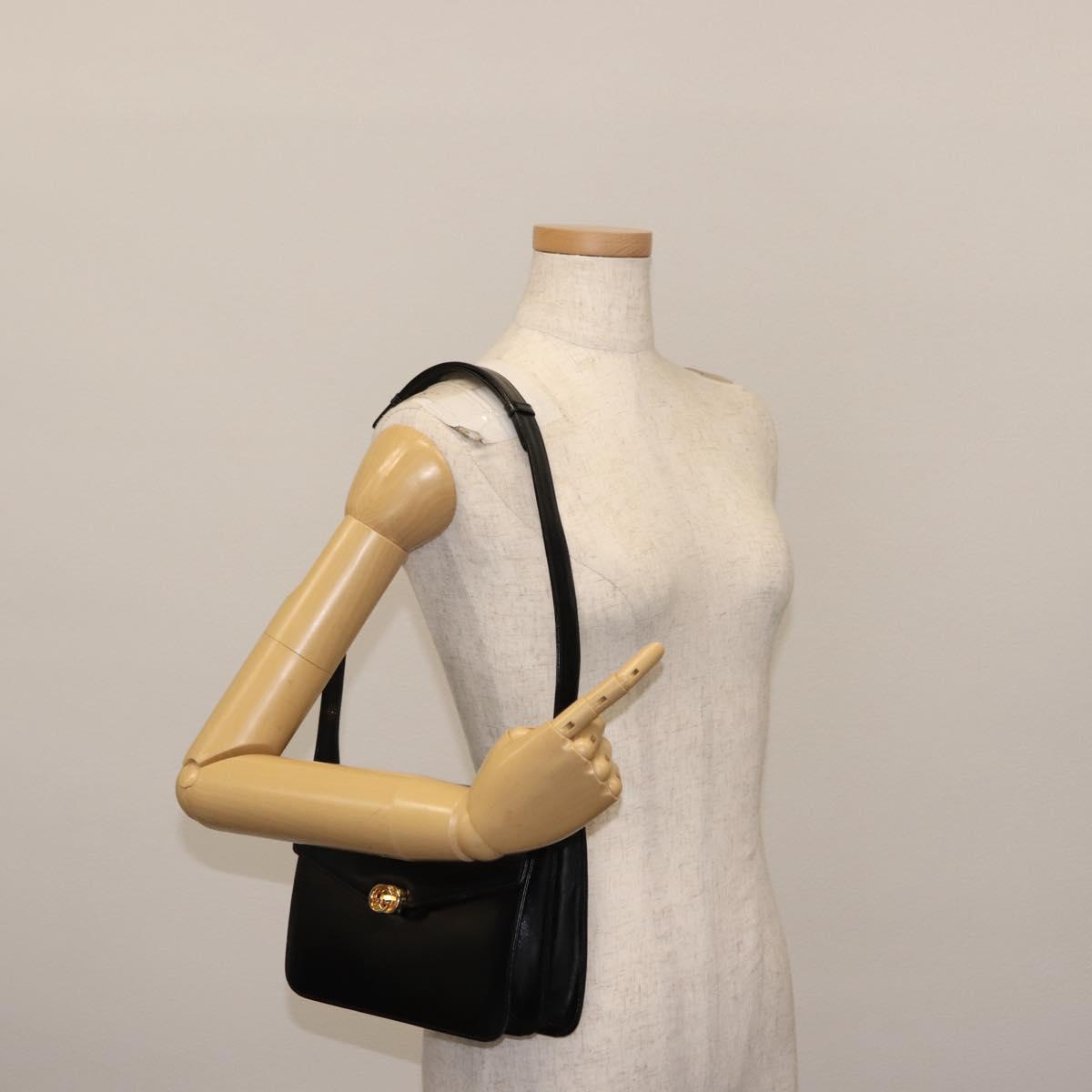 GUCCI Shoulder Bag Leather Black Gold Auth fm4896