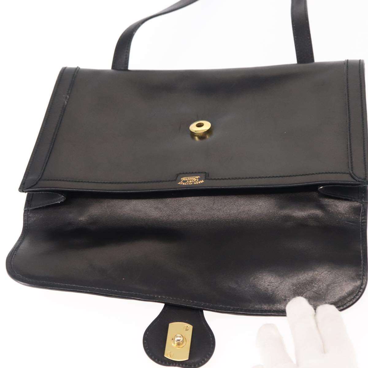 GUCCI Interlocking Shoulder Bag Leather Black Gold Auth fm4898