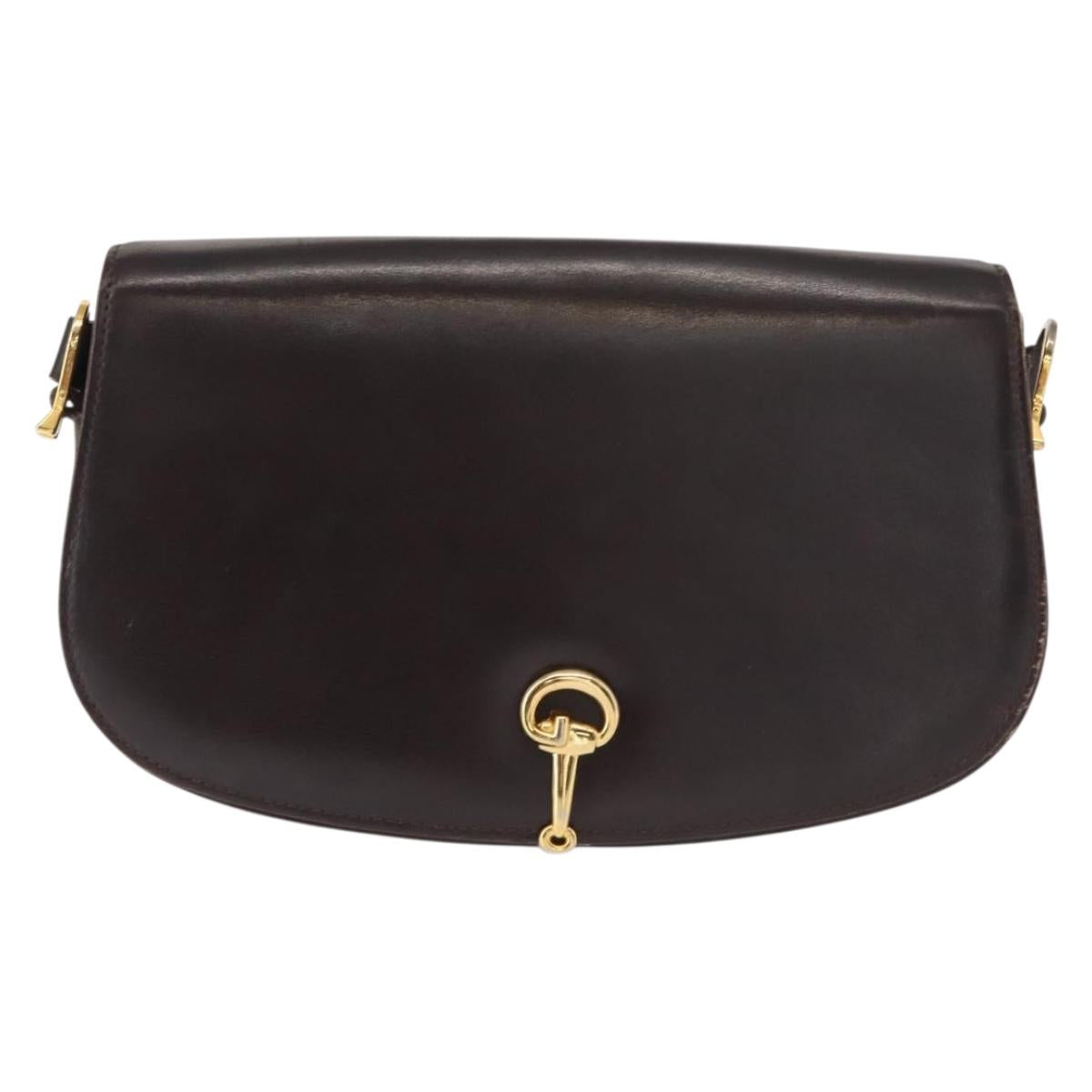 GUCCI Shoulder Bag Leather Brown gold Auth fm4925