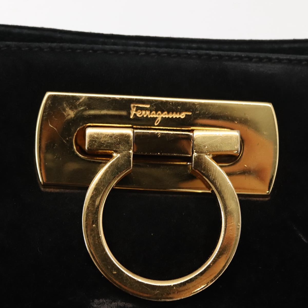 Salvatore Ferragamo Gancini Chain Shoulder Bag Suede Black Gold Auth fm4930