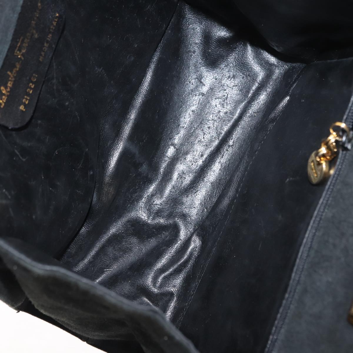 Salvatore Ferragamo Gancini Chain Shoulder Bag Suede Black Gold Auth fm4930