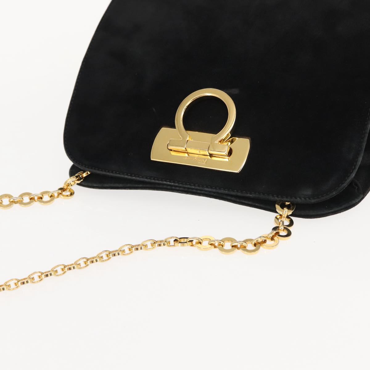 Salvatore Ferragamo Gancini Chain Shoulder Bag Suede Black Gold Auth fm4930