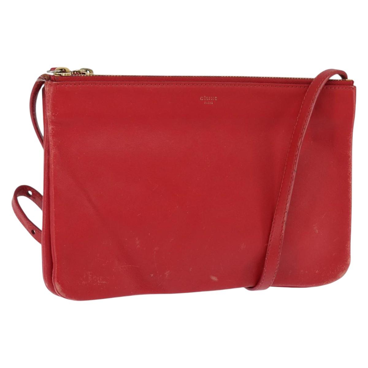 CELINE Trio Shoulder Bag Leather Red Gold Auth fm4933