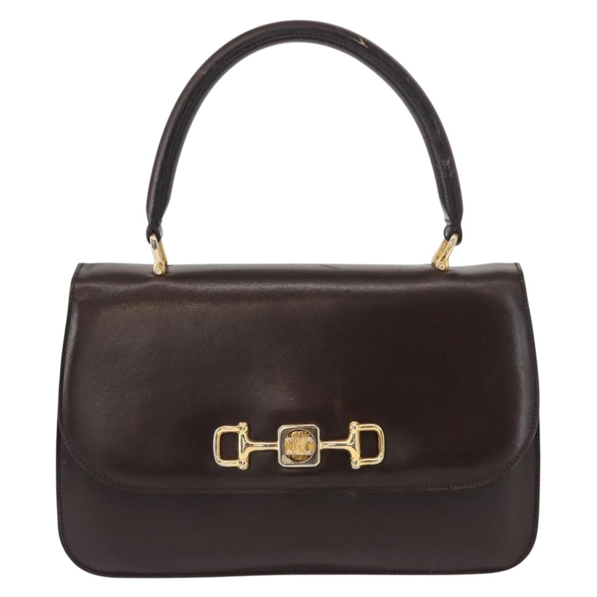 CELINE Hand Bag Leather Brown Gold Auth fm4934