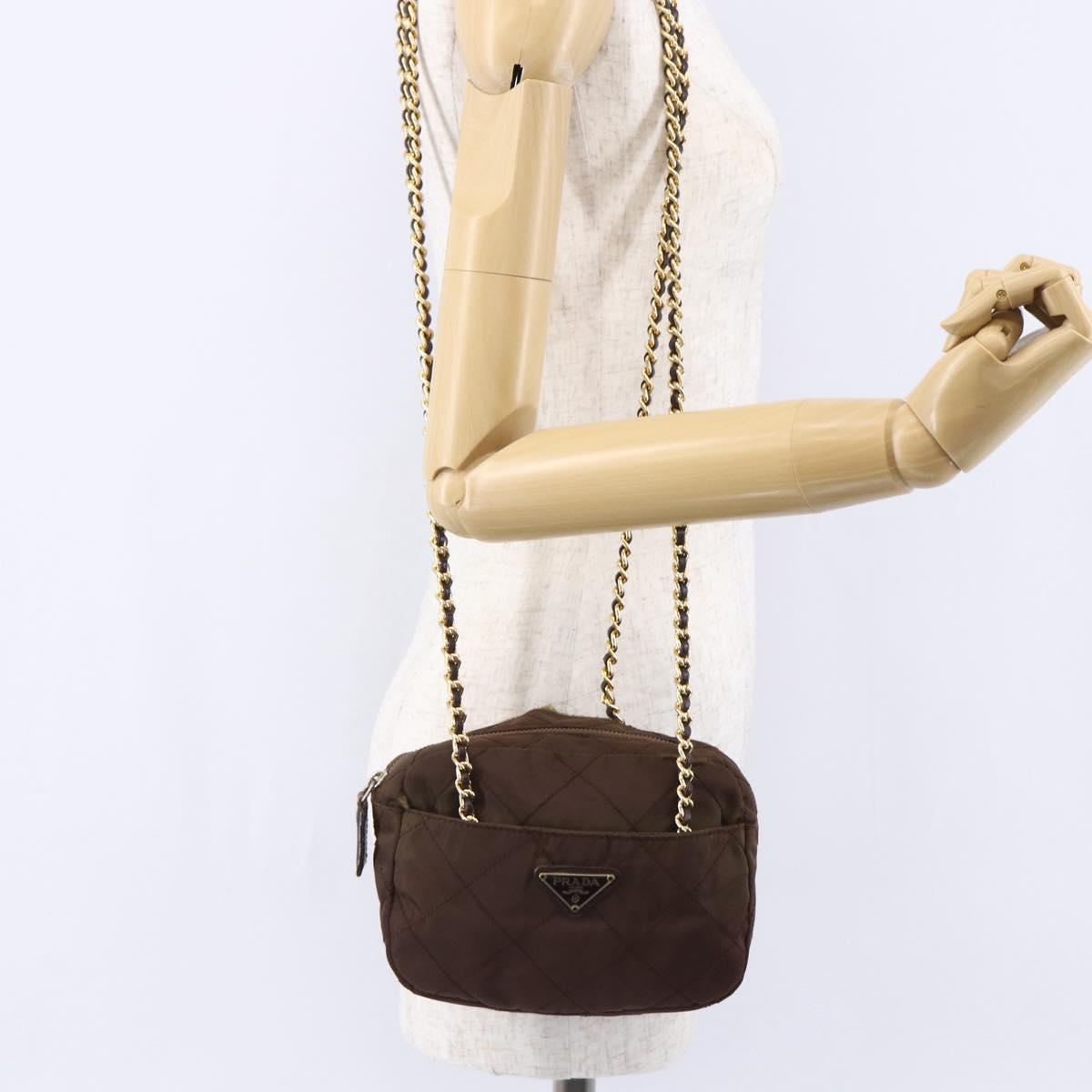 PRADA Chain Shoulder Bag Nylon Brown Gold Auth fm4942