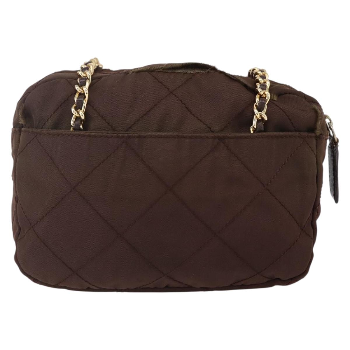 PRADA Chain Shoulder Bag Nylon Brown Gold Auth fm4942