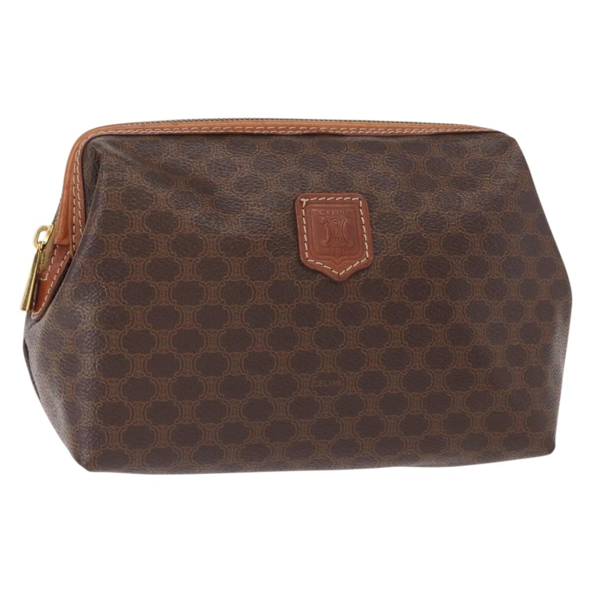 CELINE Macadam Canvas Pouch PVC Leather Brown Gold Auth fm4951