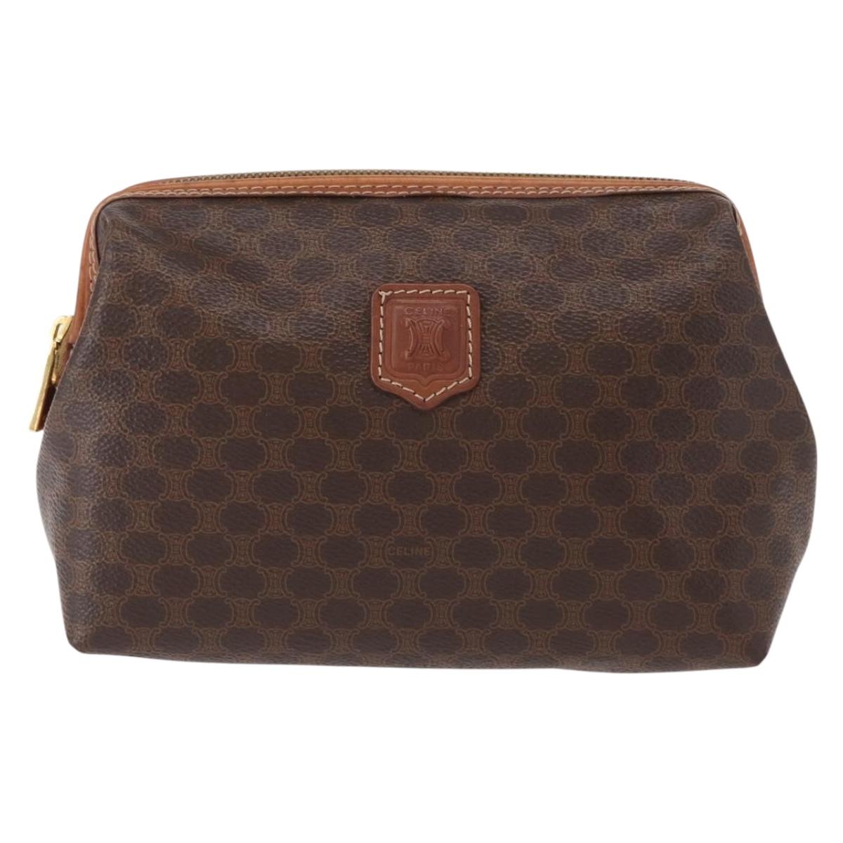 CELINE Macadam Canvas Pouch PVC Leather Brown Gold Auth fm4951