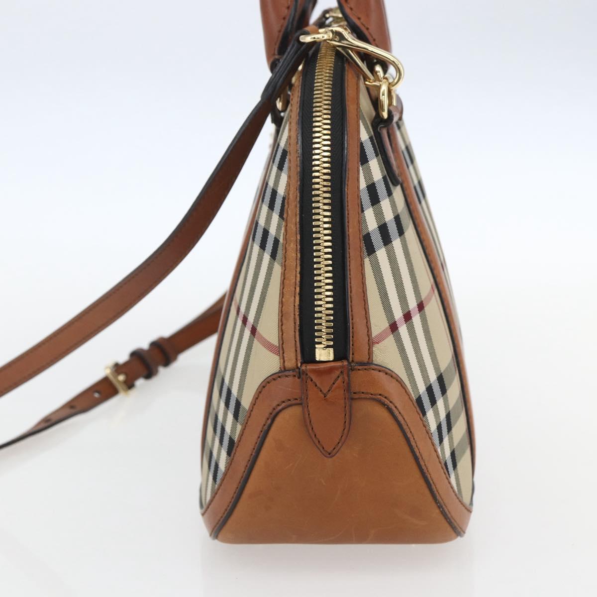BURBERRY Nova Check Hand Bag PVC 2way Beige Gold Auth fm4955