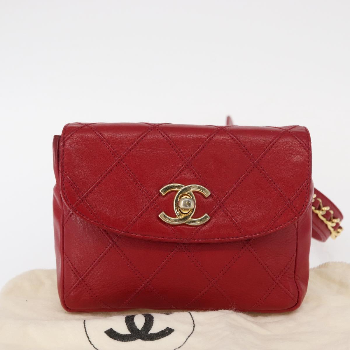 CHANEL Bicolore Waist bag Lamb Skin Red Gold CC Auth fm4971