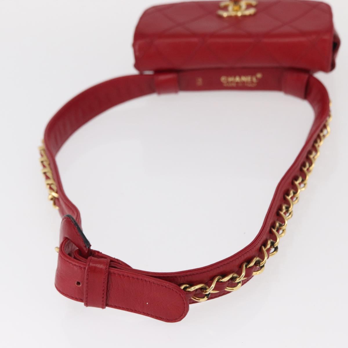 CHANEL Bicolore Waist bag Lamb Skin Red Gold CC Auth fm4971