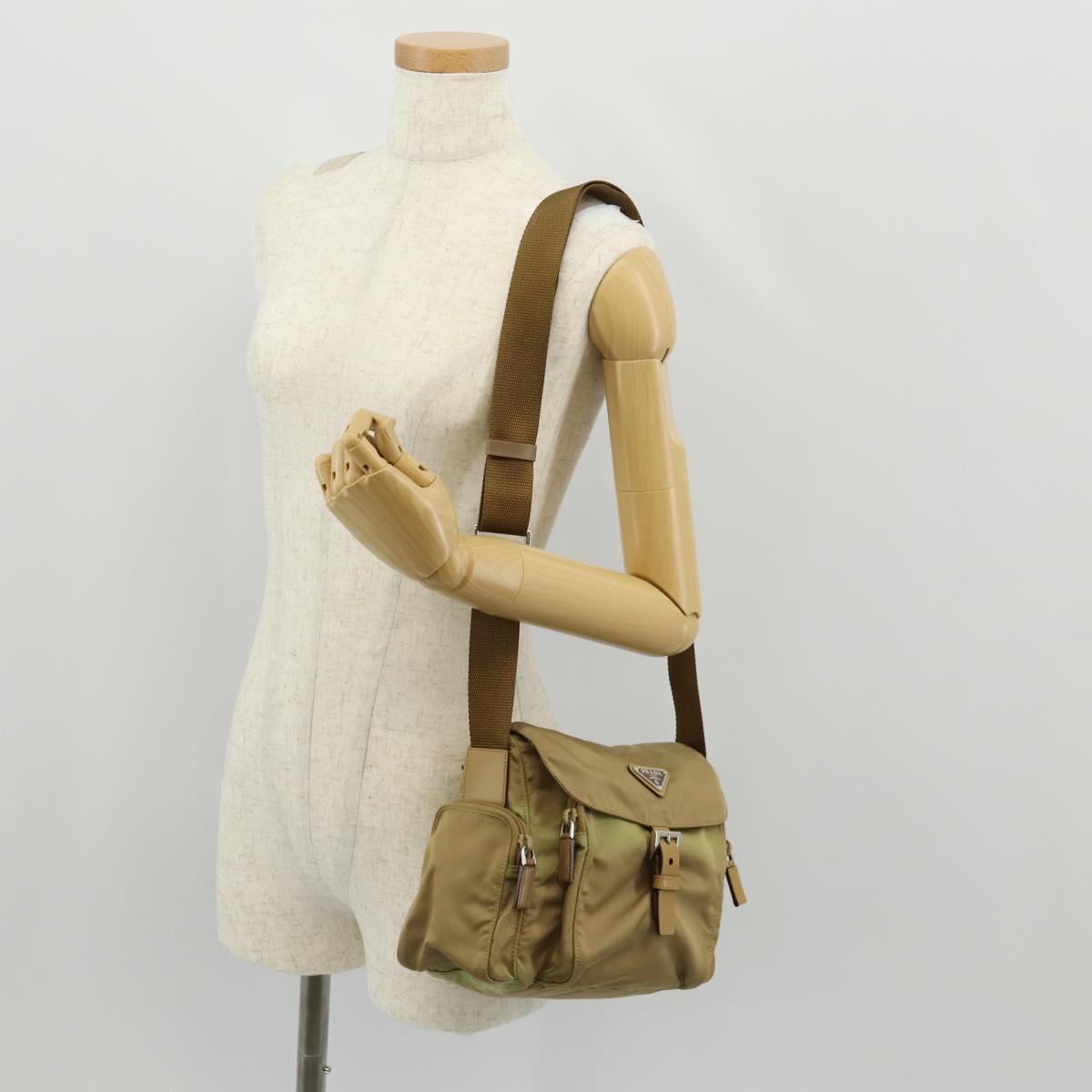 PRADA Shoulder Bag Nylon Khaki Silver Auth fm4987