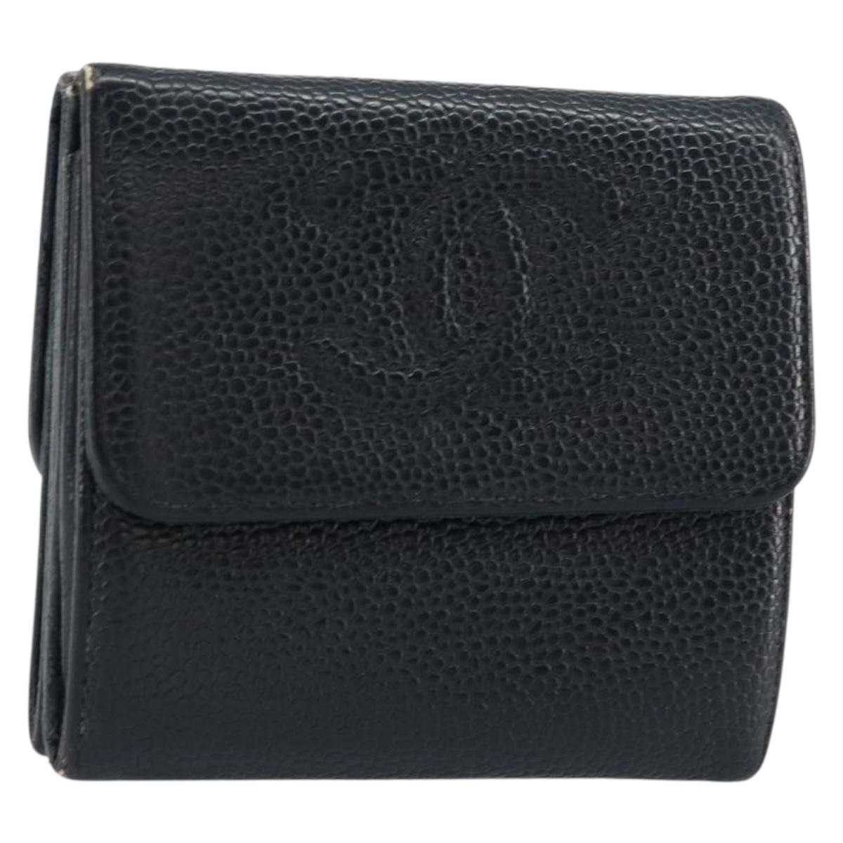 CHANEL Wallet Caviar Skin Black Gold CC Auth fm4996
