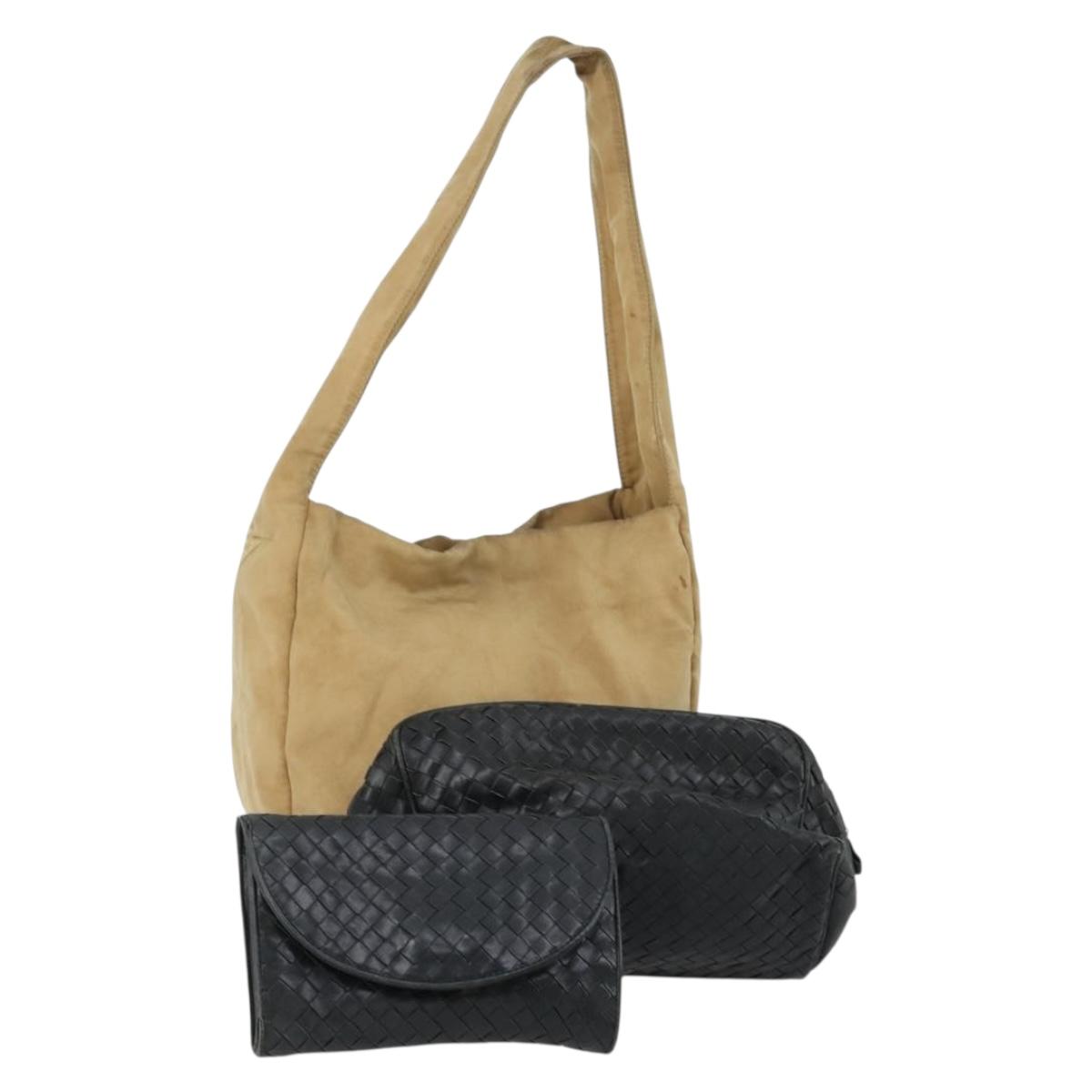BOTTEGA VENETA INTRECCIATO Bag Leather Nylon 3 Set Beige Black Auth fm5006