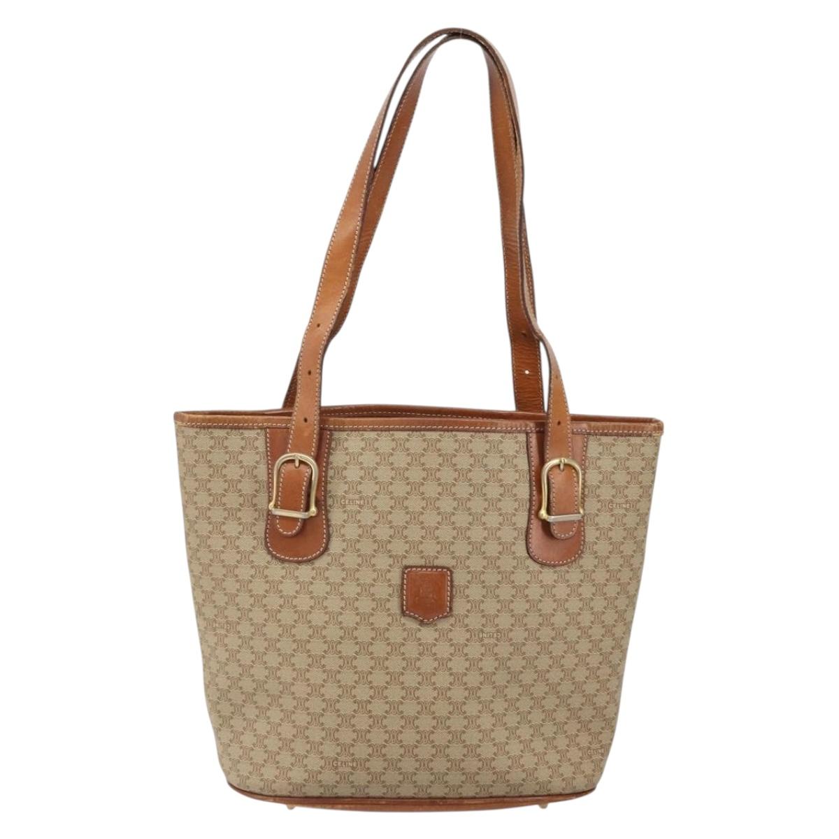 CELINE Macadam Canvas Tote Bag PVC Beige Gold Auth fm5010