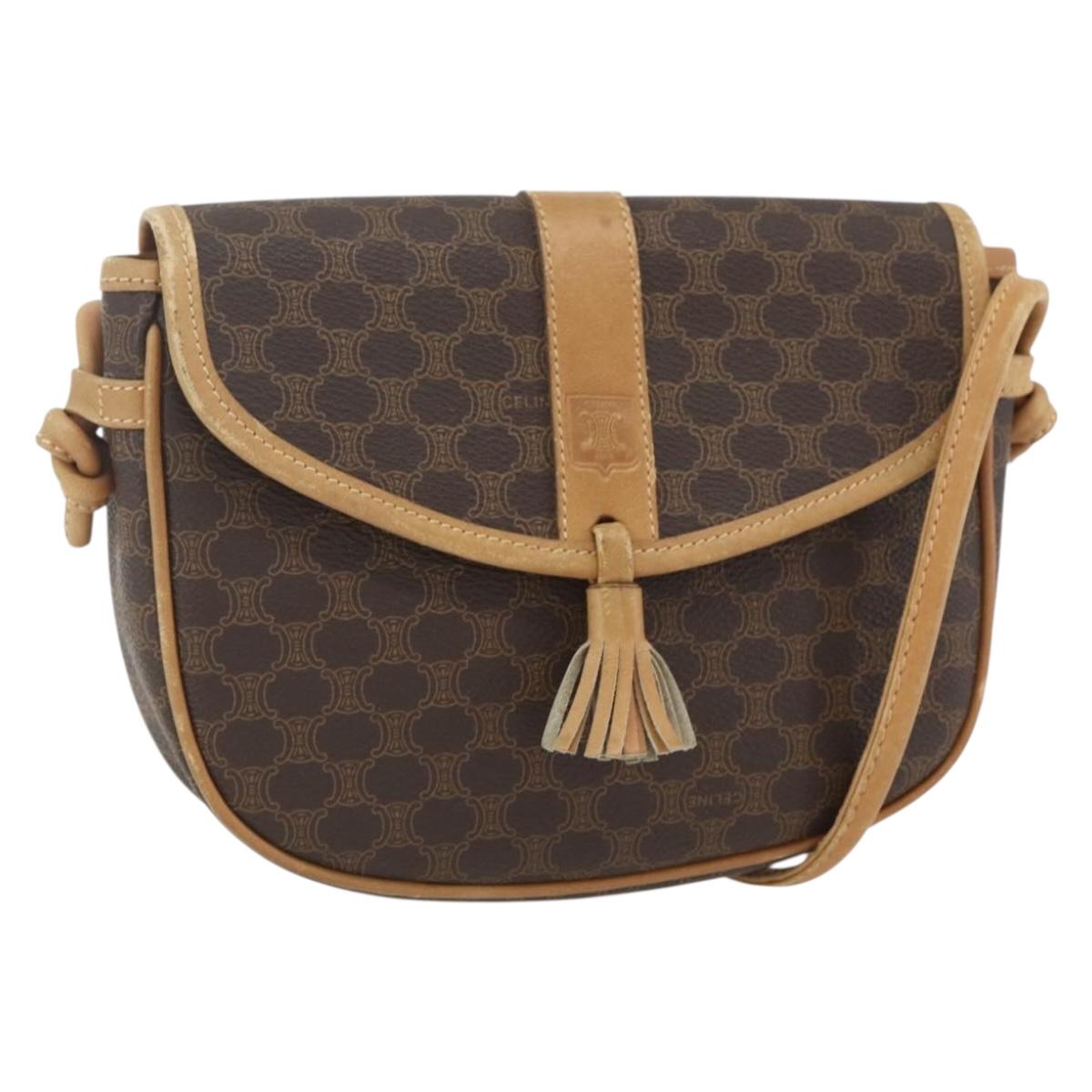 CELINE Macadam Canvas Shoulder Bag PVC Leather Brown Gold Auth fm5013