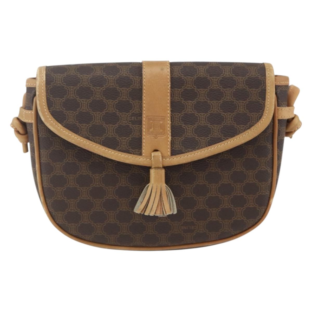 CELINE Macadam Canvas Shoulder Bag PVC Leather Brown Gold Auth fm5013